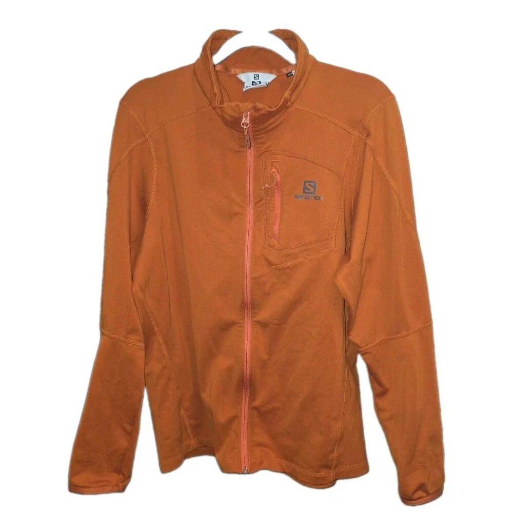 SALOMON Sz M Acti Therm Orange Full Zip L/S Thin Layering Logo Running Sweater